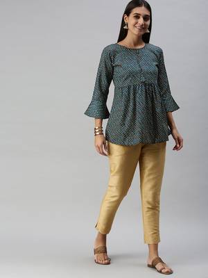 SheWill Women's Teal Bandhani Print Fit & Flare Cotton Blend Top with Bell Sleeves 4