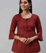 SheWill Women's Maroon Bandhani Print Fit & Flare Cotton Blend Top with Bell Sleeves