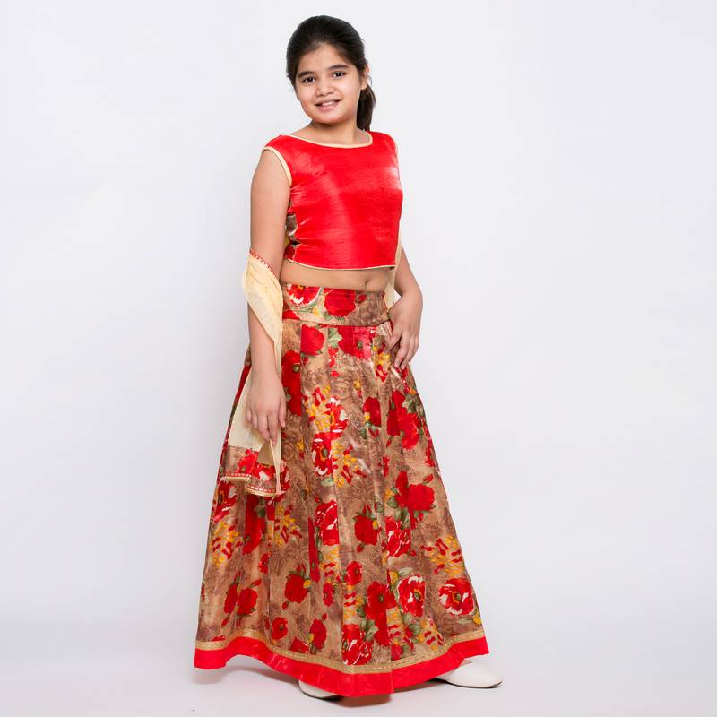 Red silk printed lehenga & choli with dupatta