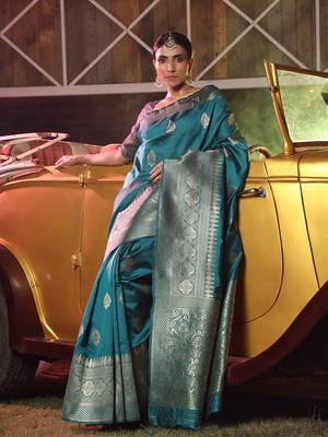 Teal hand woven banarasi saree with blouse 1