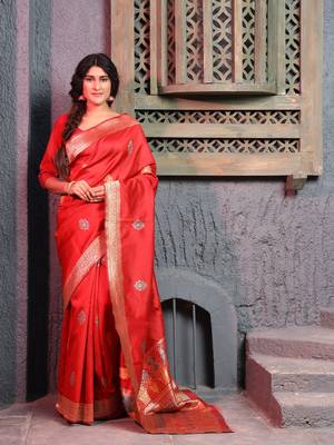 Red hand woven banarasi saree with blouse 1