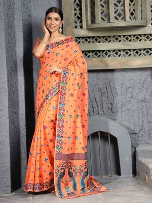 Light orange hand woven banarasi saree with blouse 1
