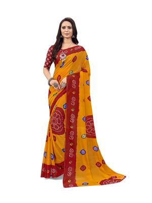 Yellow printed georgette saree with blouse 1