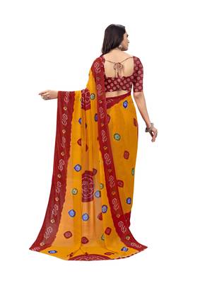 Yellow printed georgette saree with blouse 2