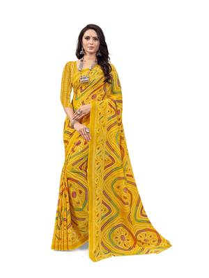 Yellow printed georgette saree with blouse 1