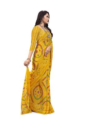 Yellow printed georgette saree with blouse 4