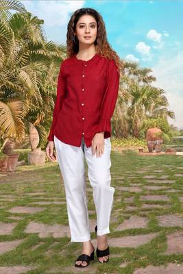 Red plain linen blend tops 5