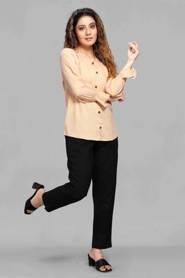 Beige plain linen blend tops 1