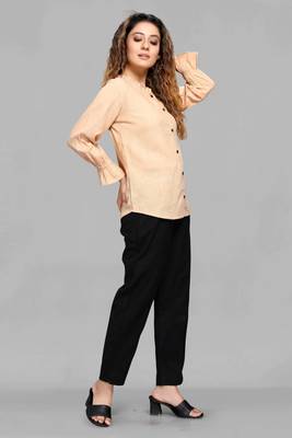 Beige plain linen blend tops 3