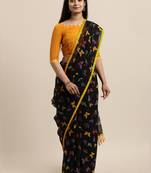 Divaastha Black & Yellow Butterfly Print Poly Cotton Saree With Blouse