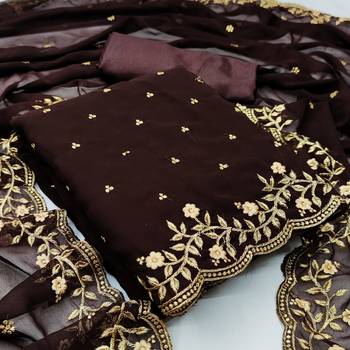 Kimisha Women's Brown Georgette Embroidered Work Unstitched Dress Material  1