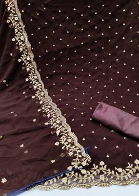 Kimisha Women's Brown Georgette Embroidered Work Unstitched Dress Material  2