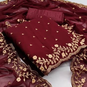 Kimisha Women's Maroon Georgette Embroidered Work Unstitched Dress Material  1