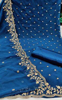 Kimisha Women's Dark Teal Georgette Embroidered Work Unstitched Dress Material  2