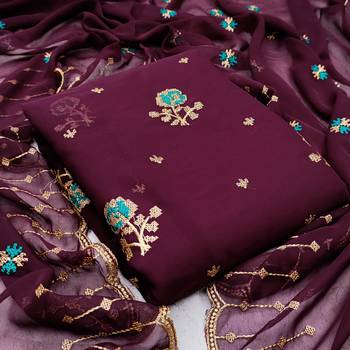 Kimisha Women's Wine Georgette Embroidery Work Unstitched Dress Material 1