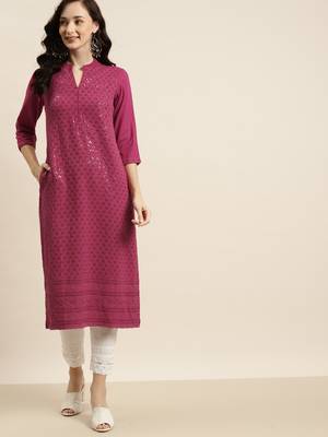 Burgundy Rayon Embroidered Straight Kurta 1