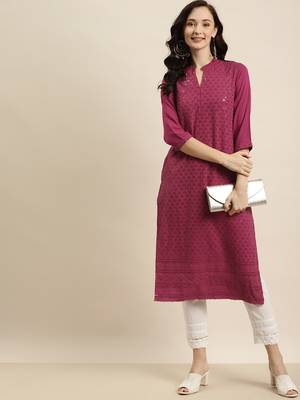 Burgundy Rayon Embroidered Straight Kurta 2