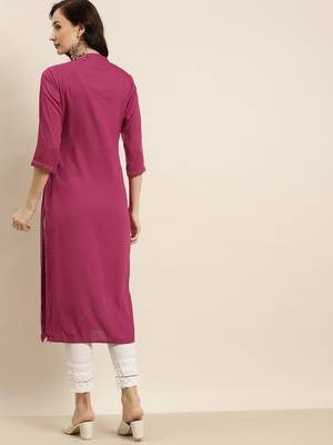 Burgundy Rayon Embroidered Straight Kurta 3