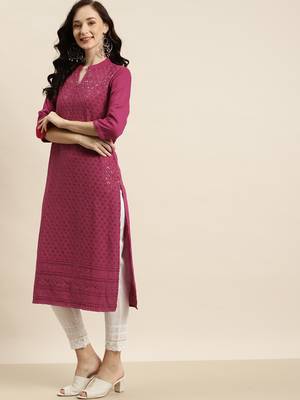 Burgundy Rayon Embroidered Straight Kurta 4