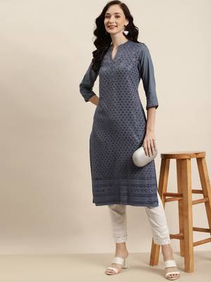 Grey Rayon Embroidered Straight Kurta 2