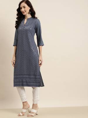 Grey Rayon Embroidered Straight Kurta 4