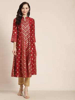 Maroon Chanderi Silk Printed Kurta with Inner 1