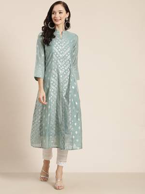 Mint Chanderi Silk Printed Kurta with Inner 1