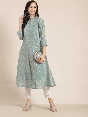 Mint Chanderi Silk Printed Kurta with Inner 2