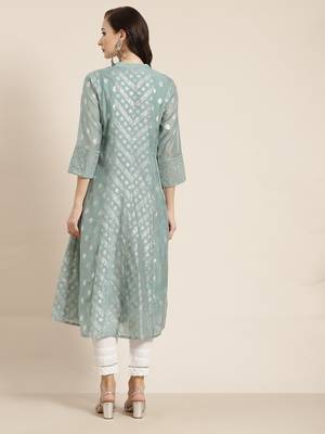 Mint Chanderi Silk Printed Kurta with Inner 3