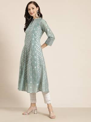Mint Chanderi Silk Printed Kurta with Inner 5