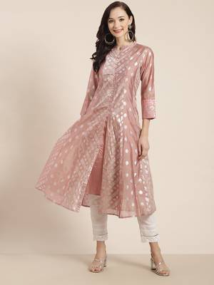 Rustpink Chanderi Silk Printed Kurta with Inner 1