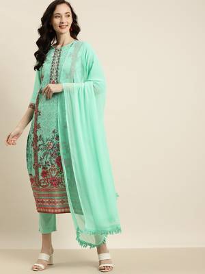 Green Georgette Embroidered Straight Kurta Pant Dupatta Set 1