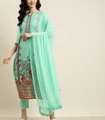 Green Georgette Embroidered Straight Kurta Pant Dupatta Set
