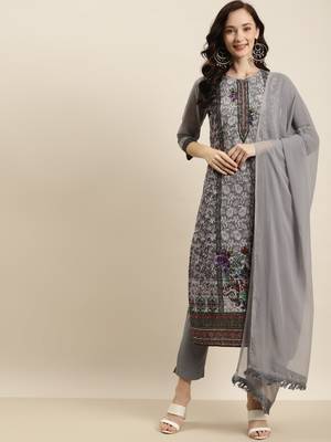 Grey Georgette Embroidered Straight Kurta Pant Dupatta Set 1