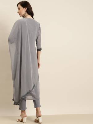Grey Georgette Embroidered Straight Kurta Pant Dupatta Set 3