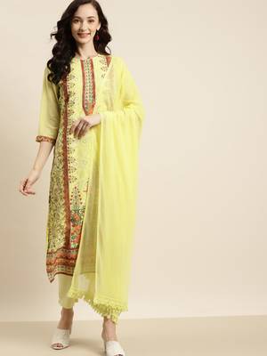 Yellow Georgette Embroidered Straight Kurta Pant Dupatta Set 1