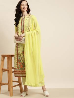 Yellow Georgette Embroidered Straight Kurta Pant Dupatta Set 2