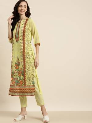 Yellow Georgette Embroidered Straight Kurta Pant Dupatta Set 4