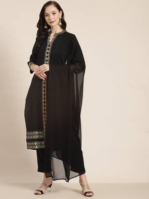 Black Poly Rayon Printed Straight Kurta Pant Dupatta Set 1