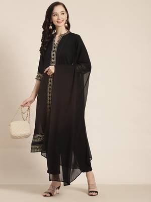 Black Poly Rayon Printed Straight Kurta Pant Dupatta Set 2