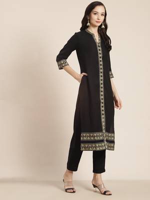 Black Poly Rayon Printed Straight Kurta Pant Dupatta Set 4