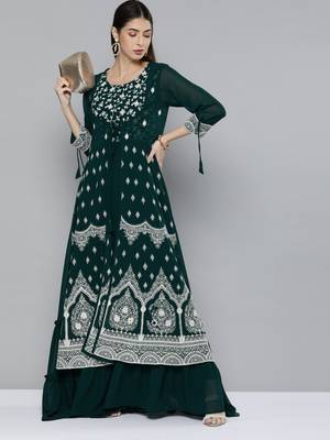 Kvsfab Green Color Georgatte Embroidered with Sequins Work Party Wear KURTI 5