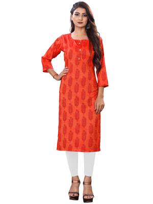 Rayon Orange Print Kurti 3/4 Sleeve 1