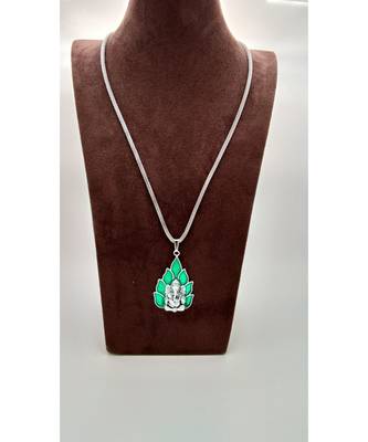 Rhodium Plated Ganesha Pendant  with Green Leaves 1