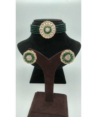 Gold Plated Choker set with earrings in Green color 1