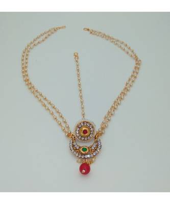 Gold Plated Chand Bor Maang Tikka with White pearl and Red beads 1