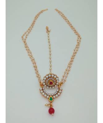 Gold Plated Chand Bor Maang Tikka with White pearl and Red beads 1