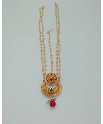 Gold Plated Chand bor Maang Tikka with Green and Red ruby and Red beads 1