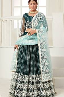 Dark Green thread of cotton with sequins embroidery Heavy Non-non Net With Art Silk Inner Semi Stitched lehenga choli