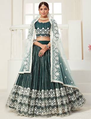Mesmerizing Dark Green colored thread with sequins embroidered Heavy Non-non net fabric lehenga choli for wedding 4